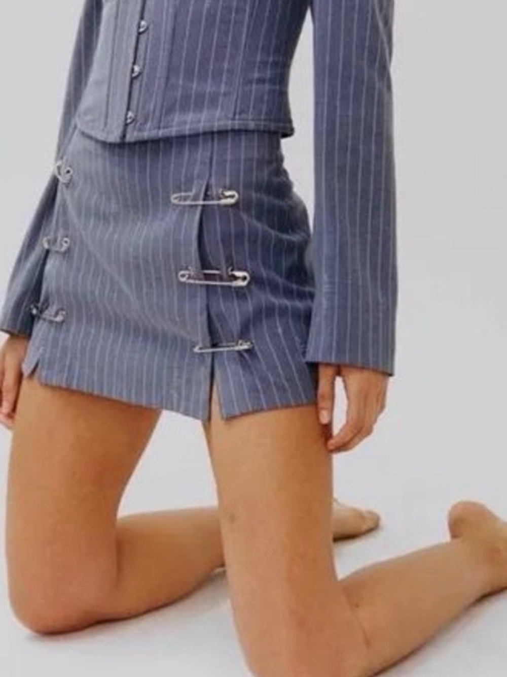 Pinstripe Mini Skirt with Safety Pin Detail - Blue